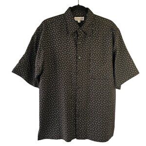Pronto Uomo Black Silk Shirt Men Sz M Tan Geometric Pattern Short Slv Button Up